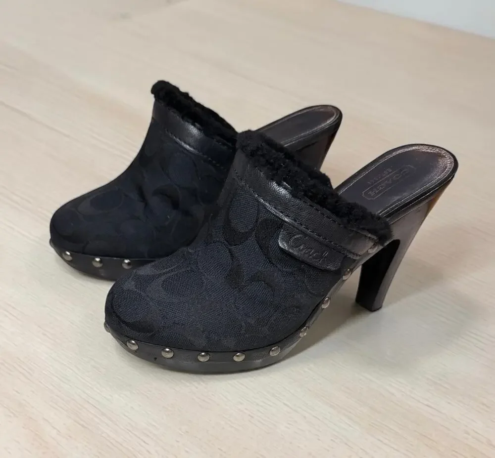Y2K Coach A0359 Georgia Signature Jacquard Shearling Mule Size 8.5B